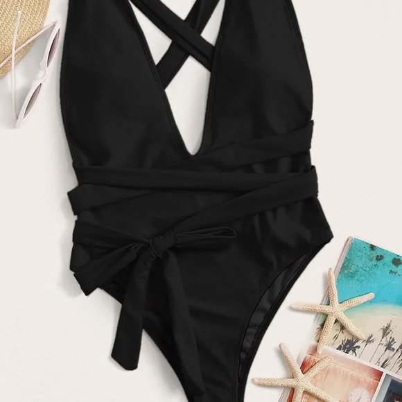 Black Sexy Women's Beach Plunging Backless One Piece Swimsuit - Picture 3 of 5